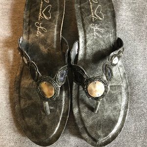 Romantic Soles thong cork wedges, in silver tones